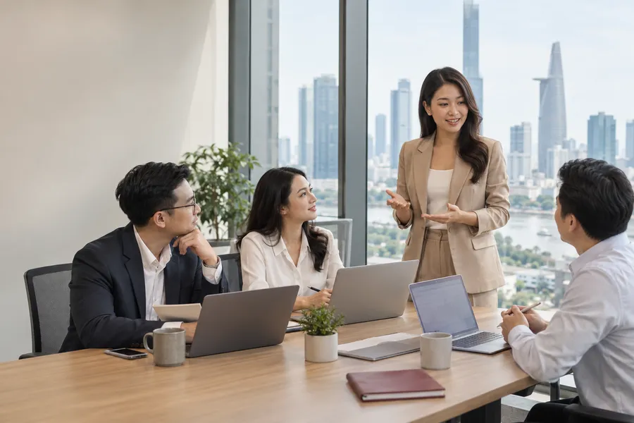 Hình minh họa do AI tạo về nhóm thảo luận ứng dụng trong doanh nghiệp